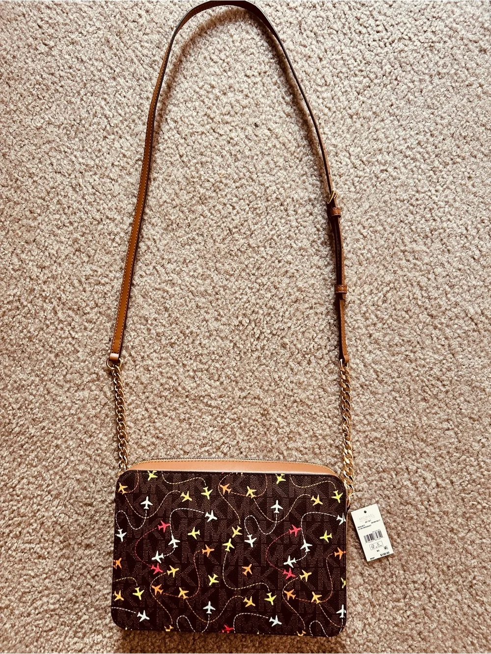 NWT Michael Kors Jet Set Large East West Crossbody Airplane Travel Print Brown